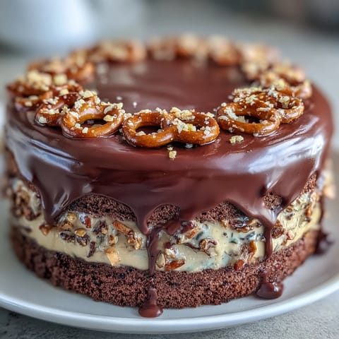 Decadent Father's Day Chocolate Peanut Butter Pretzel Cake, layered with creamy filling and crunchy pretzel bits.
