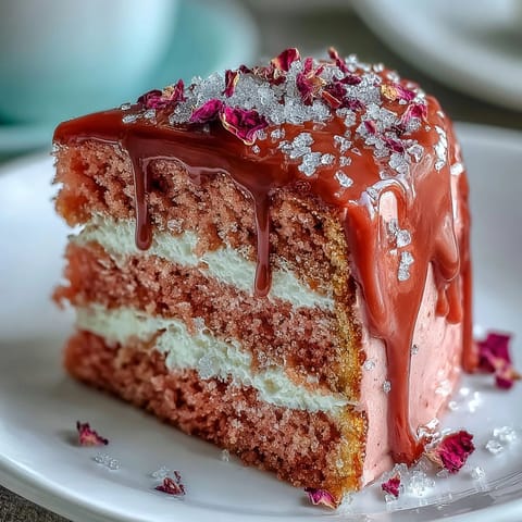 Elegant rosé velvet cake with a shimmering gold drip, perfect for showers.