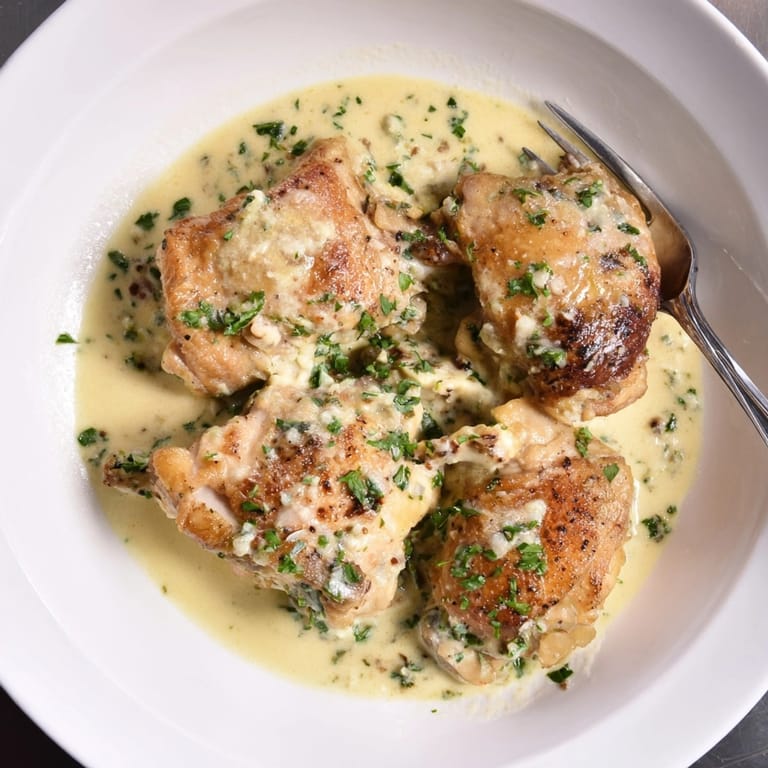 Comfort food: Creamy Garlic Parmesan Chicken Thighs, ready to serve with parsley garnish.