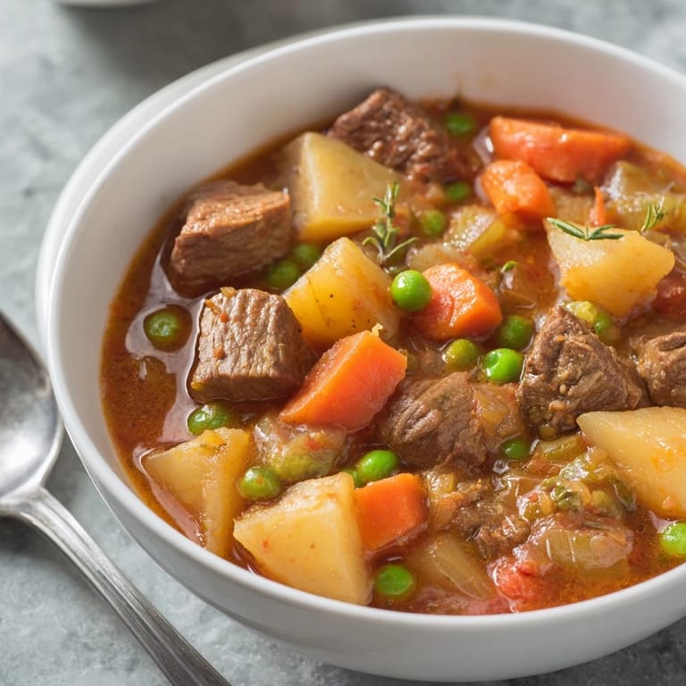 Comforting beef and vegetable stew featuring tender meat and vibrant root veggies.  