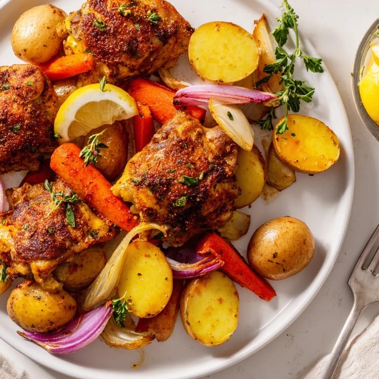 Golden, crispy One-Pan Lemon Herb Roasted Chicken with Potatoes garnished with fresh parsley and lemon.  
