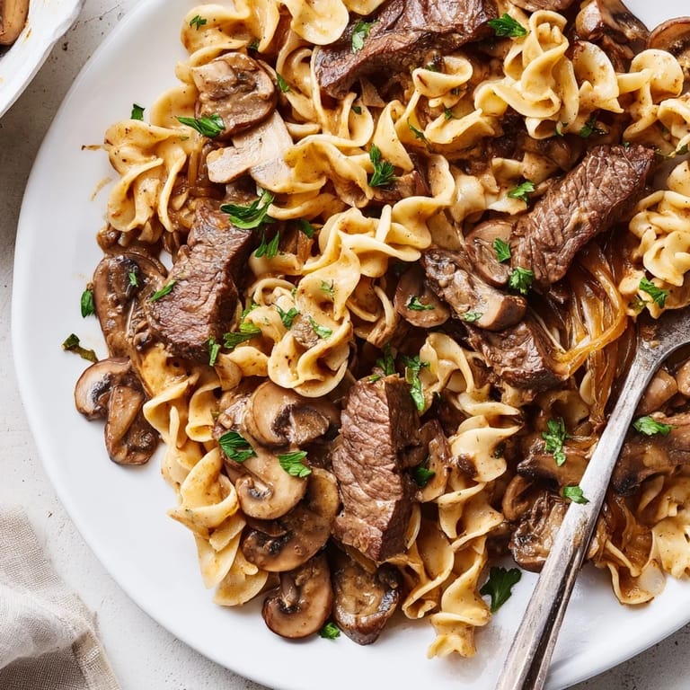 Savory One-Pan Beef Stroganoff Skillet served with tender egg noodles and rich sauce.  