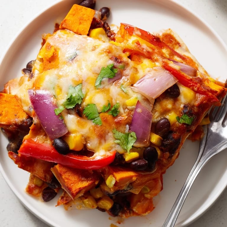 Vibrant layers of Sweet Potato and Black Bean Enchilada Bake topped with fresh cilantro and gooey cheese.  