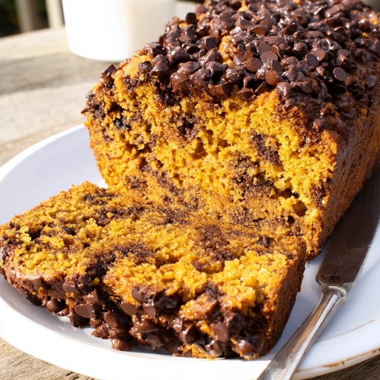 Deliciously baked pumpkin bread filled with warm spices and semi-sweet chocolate chips.