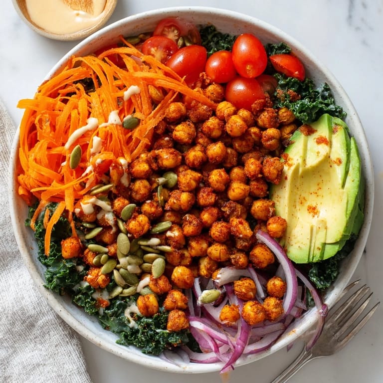 Colorful Spicy Chickpea and Kale Buddha Bowl served in a rustic bowl, perfect for lunch.