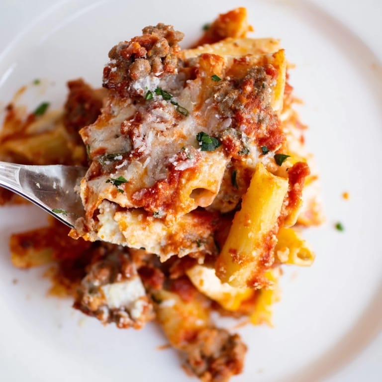 Deliciously layered Baked Ziti, bursting with flavors of cheese and spiced sausage.
