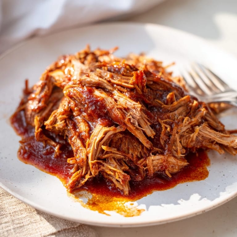 Melt-in-your-mouth Slow Cooker BBQ Pulled Pork served with coleslaw and pickles.  