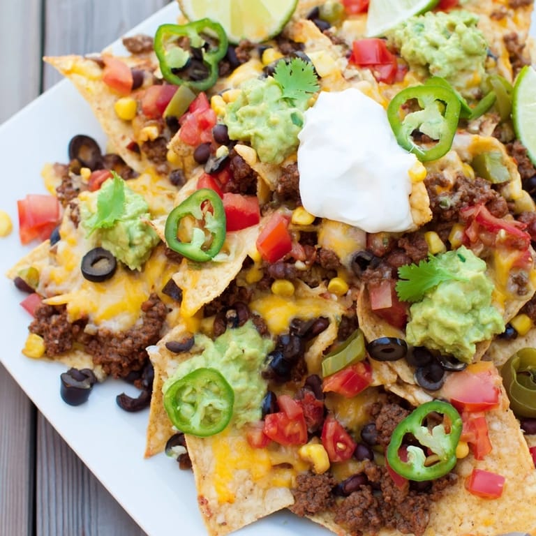 Melted cheddar and Monterey Jack cheese draping over Loaded Nachos with Beef and Cheese.  
