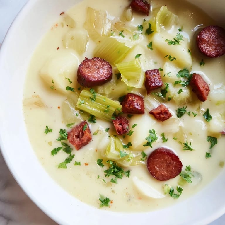 Enjoy a spoonful of hearty Potato, Leek & Chorizo Soup, served with crusty bread on the side.