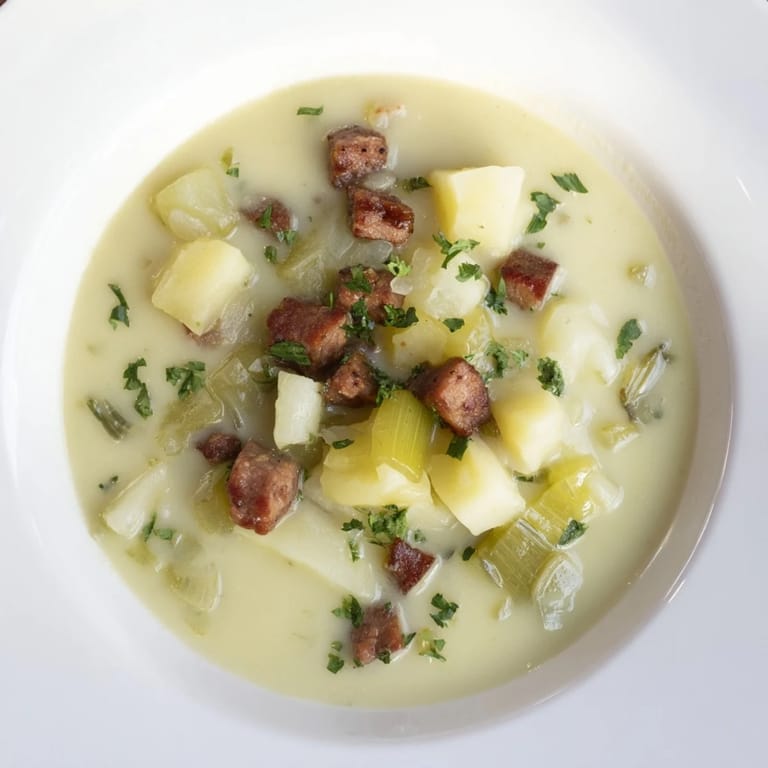 A close-up of creamy Potato, Leek & Chorizo Soup, with visible chunks ready for a comforting bite.