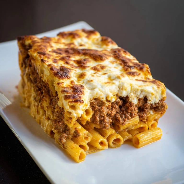 A close-up of a freshly baked Greek pastitsio, highlighting the layers of pasta and meat sauce.