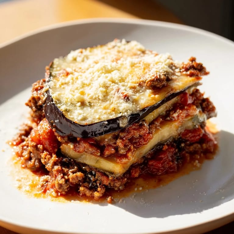 Close-up of a steaming Moussaka, showcasing tender eggplant layered with savory beef filling.