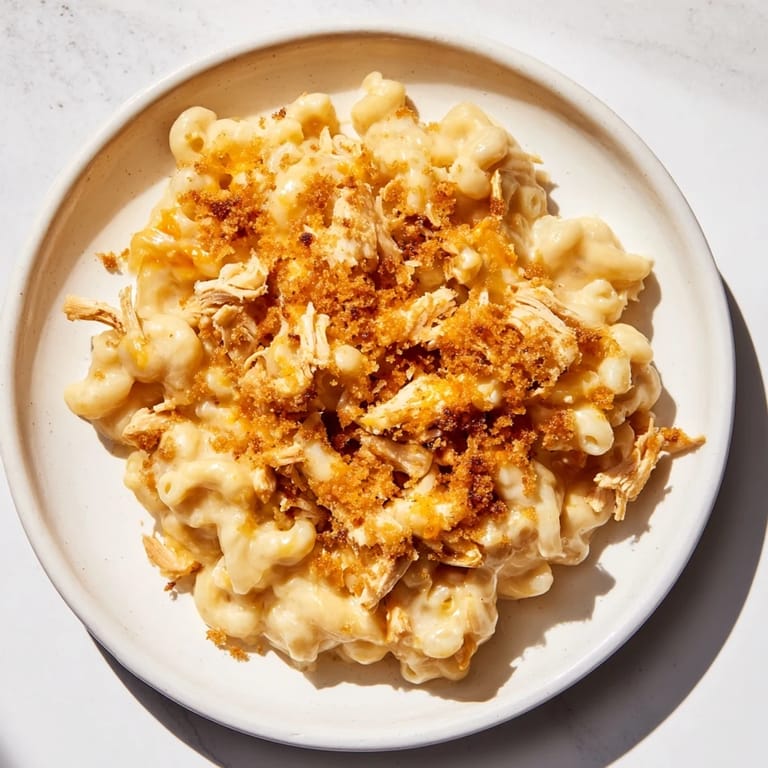 A close-up of a casserole presents this delicious Classic Mac & Cheese with BBQ Chicken ready to serve.