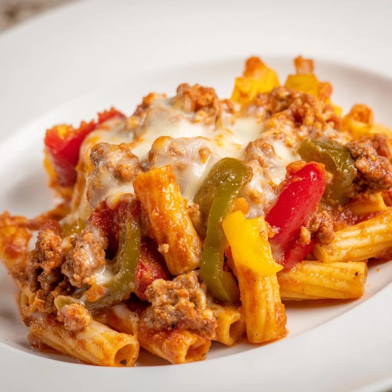 A close-up of cheesy Baked Rigatoni with Sausage & Peppers, ready to serve, with fresh basil garnish.