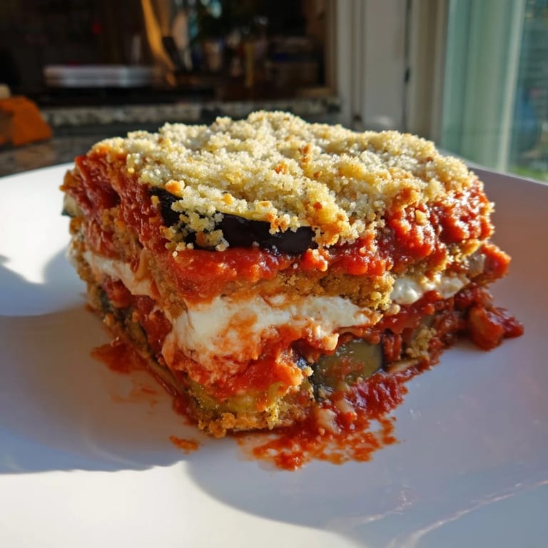 Fragrant Eggplant Parmesan Lasagna, with layers of eggplant, cheese, and marinara, baked to perfection.