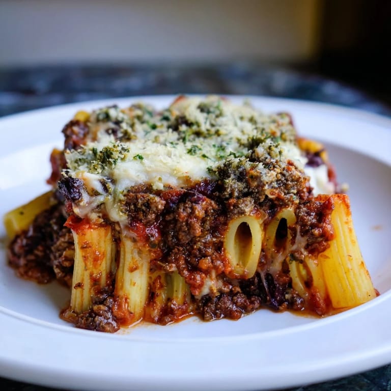 A close-up shot of rich Baked Ziti with Meat Sauce, topped with golden, bubbly cheese.