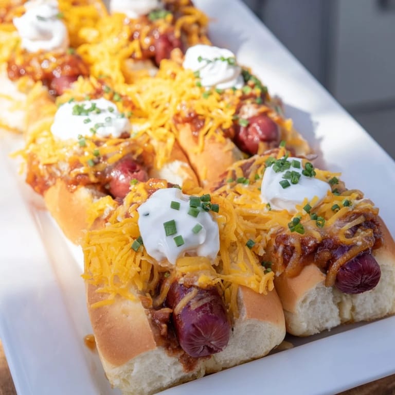 A close-up view of a delicious, easy Chili Dog Casserole with melted cheese and fresh chives.