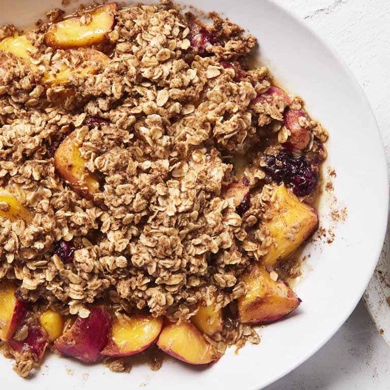 Close-up shot shows the delicious texture of the baked Fruit Crisp with frozen mixed berries and oats.