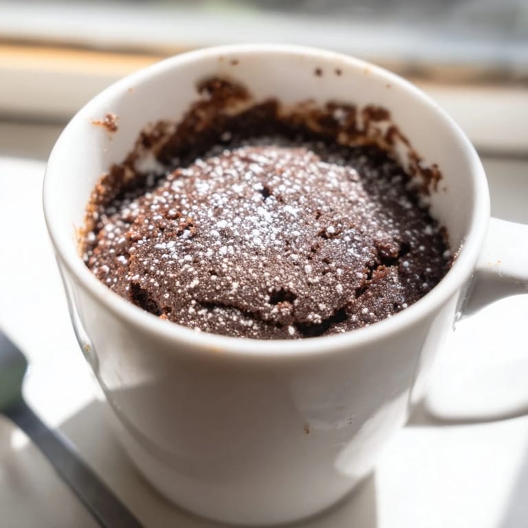 Close-up of a chocolate microwave mug cake, fluffy and perfect for a single-serving treat.