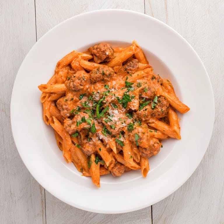 A steaming bowl of creamy tomato and sausage pasta, ready to eat for a comforting Italian dinner.