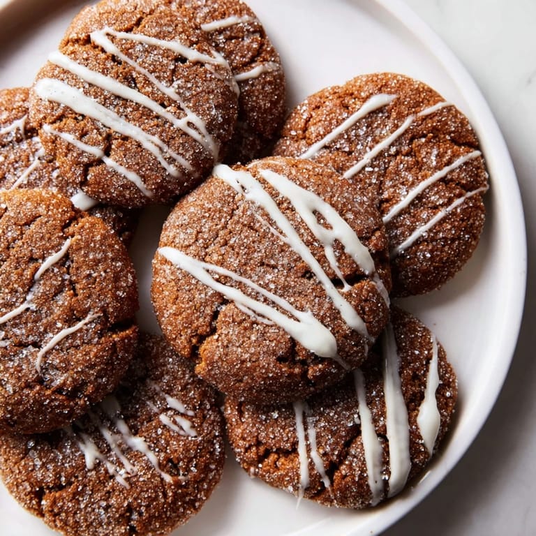 Close-up of freshly baked gingerbread latte cookies, showing crackled tops and sugar coating.