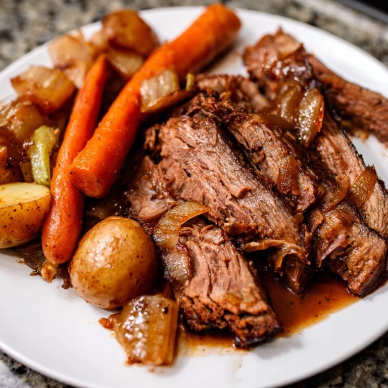 Perfectly cooked Pickle Brine Pot Roast, ready to be shredded and enjoyed with potatoes and bread.