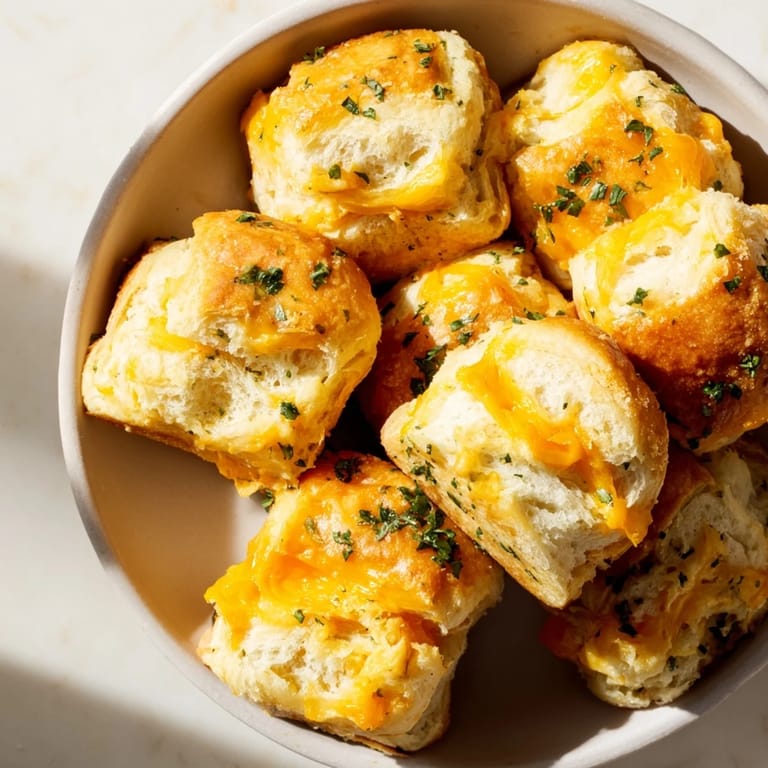 Melted butter glistens on the fluffy Mini Cheddar Bay Biscuit Pull-Aparts, a tasty, vegetarian snack.