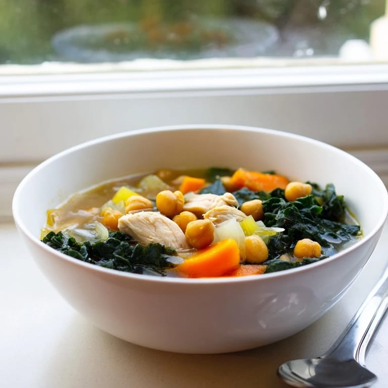 Close-up of hearty Chicken Kale Soup, garnished with golden, crunchy chickpeas, ready to enjoy.