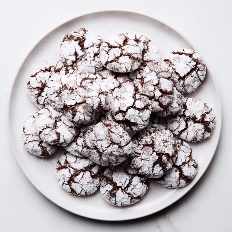 Warm, crackled Chocolate Crinkle Cookies on a baking sheet, with a soft, chewy texture.