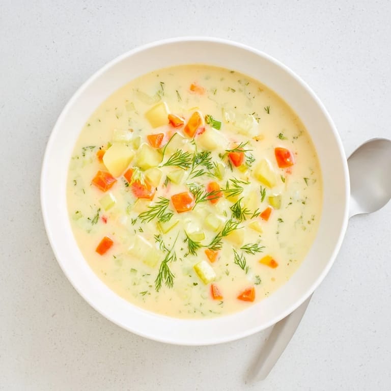 Hearty and warming, a close-up shows the delicious creamy dill pickle soup with fresh dill.