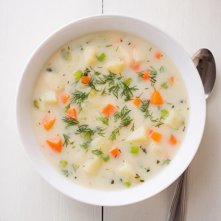 A rich and flavorful bowl of creamy dill pickle soup, ready to be served hot.