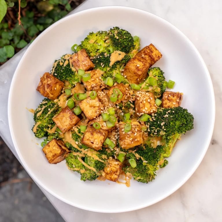 Warm, creamy Cheesy Baked Tofu and Broccoli, with a cheesy glaze, garnished with fresh green onions.