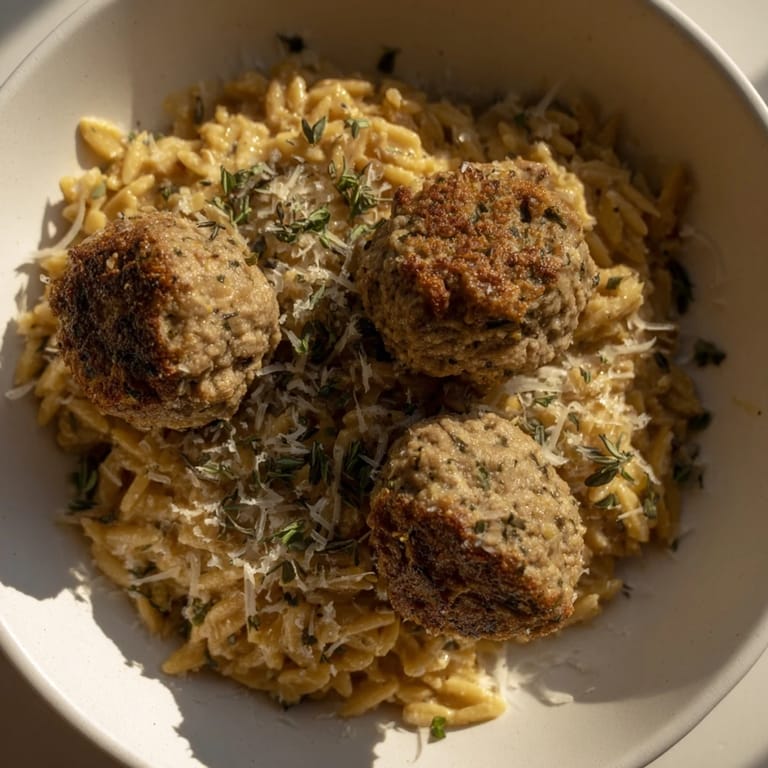 A close-up of savory sage turkey meatballs served atop creamy pumpkin orzo, perfect for any fall table.