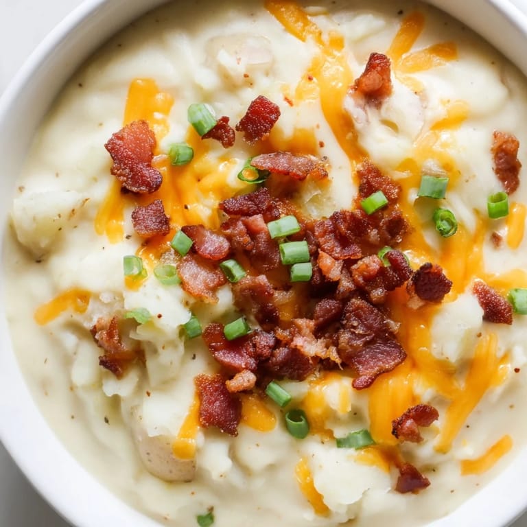 A steaming bowl of Crockpot Loaded Baked Potato Soup, ready to eat with fresh green onion garnish.
