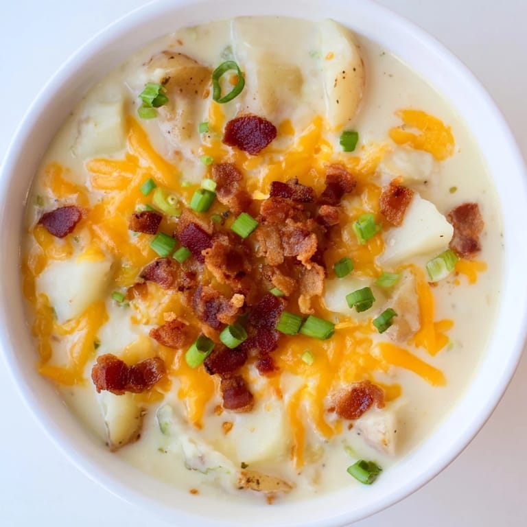 Hearty Crockpot Loaded Baked Potato Soup, rich with cheddar and topped with crispy bacon pieces.