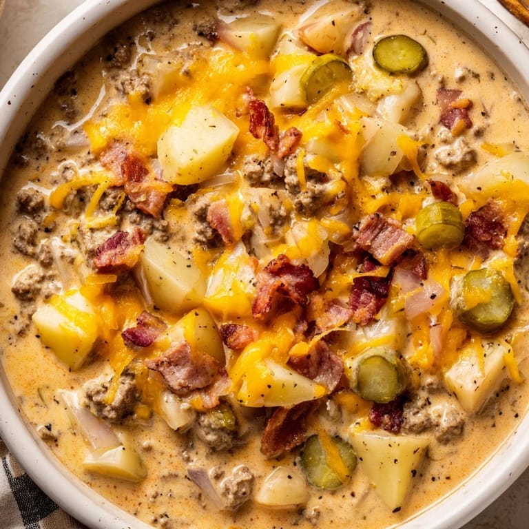 This comforting crockpot cheeseburger soup features tender beef and potatoes swimming in delicious cheesy broth.