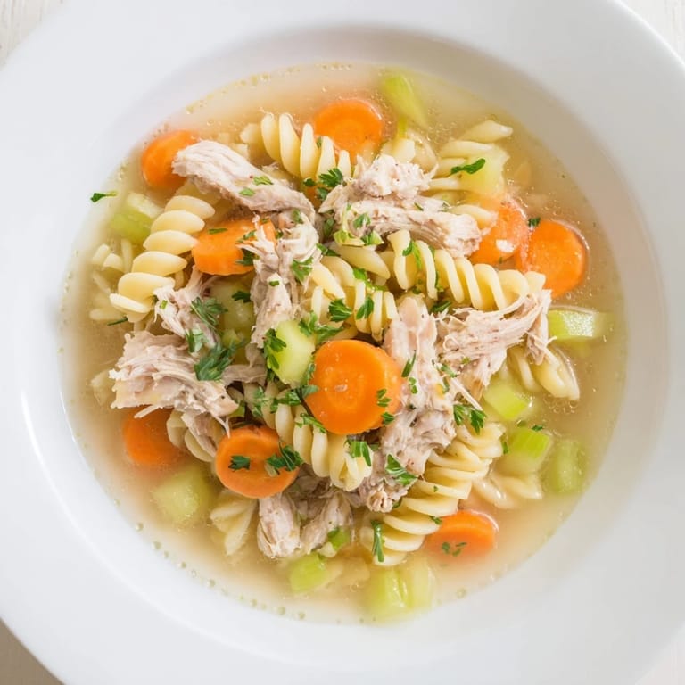 Close-up shot shows flavorful Crockpot Chicken Noodle Soup, ready to serve with fresh parsley garnish.