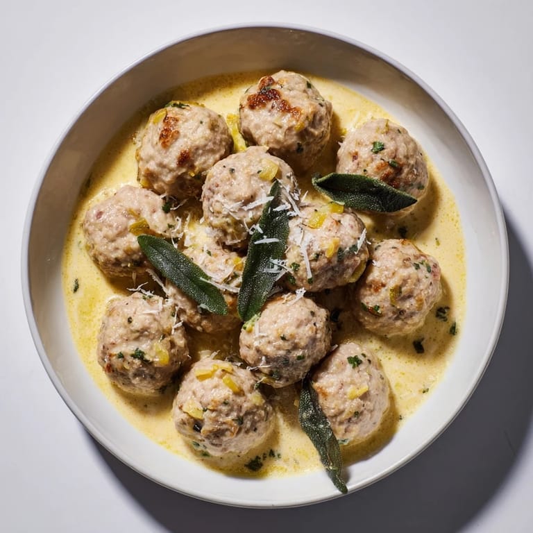 A close-up of piping-hot Turkey Meatballs with Pumpkin Sage Sauce atop a bed of creamy polenta.