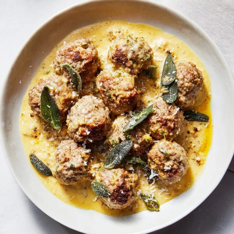 Savory Turkey Meatballs with Pumpkin Sage Sauce, showcasing a flavorful, fall-inspired dinner recipe perfect for serving.