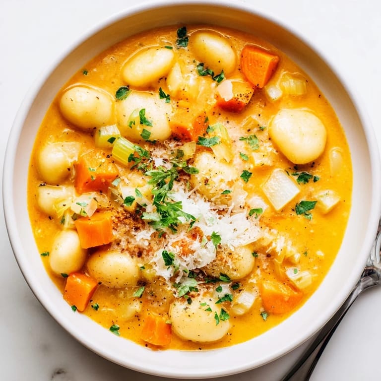 Golden, creamy Savory Butternut Squash Gnocchi Soup with soft gnocchi and fragrant herbs.