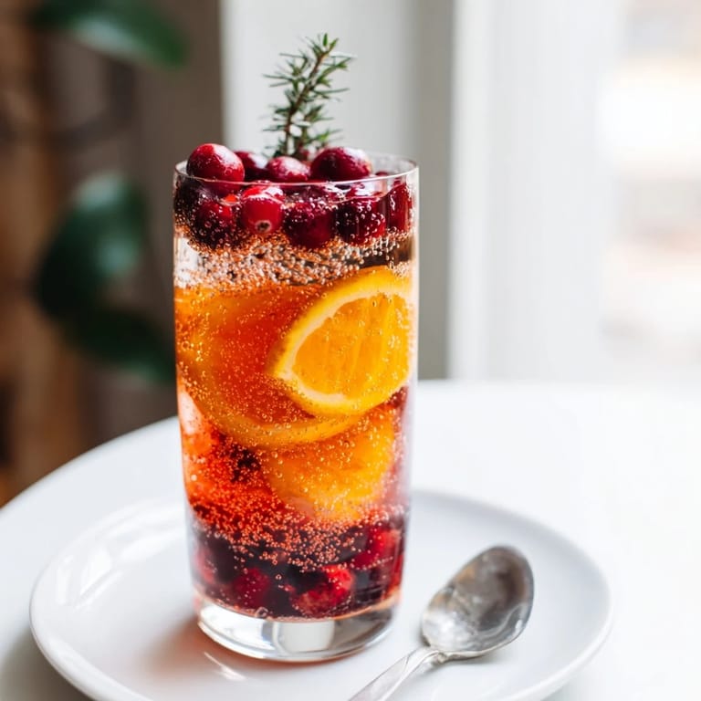 Refreshing Snow Globe Mocktail featuring frozen cranberries, a vegan and gluten-free sparkling beverage for celebration.