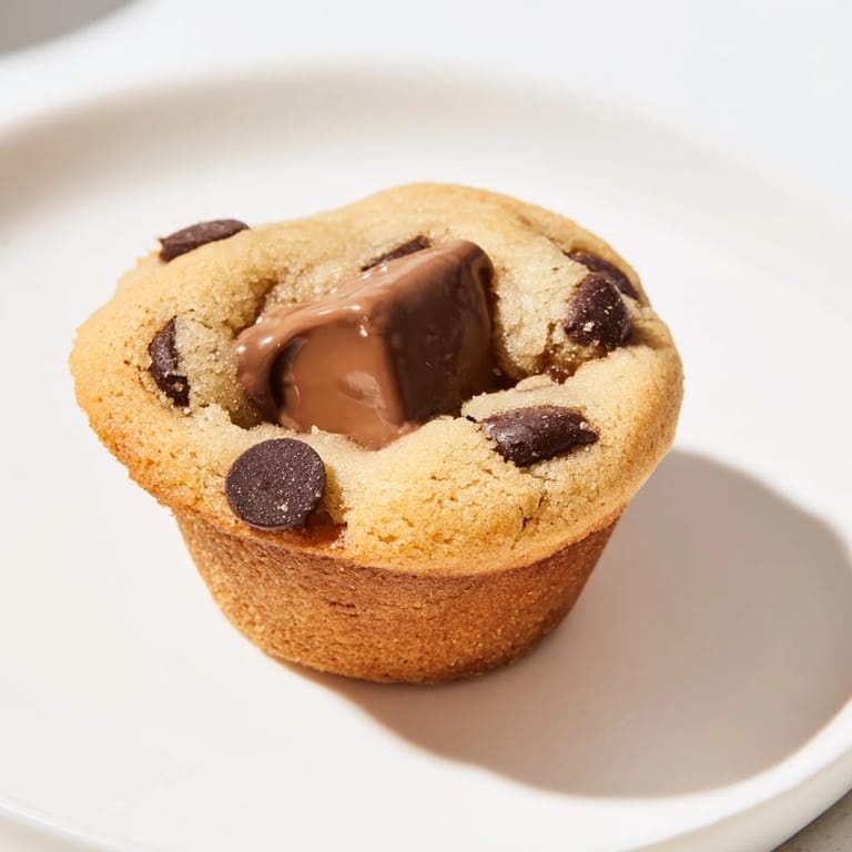 Delicious, warm air fryer gooey cookie cups overflowing with melty chocolate and ready for a bite.