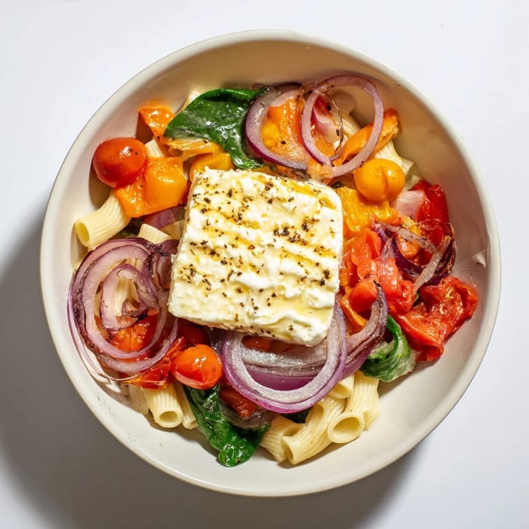 A close-up view of steaming One-Pan Baked Feta Christmas Pasta, showcasing its colorful festive flavors.