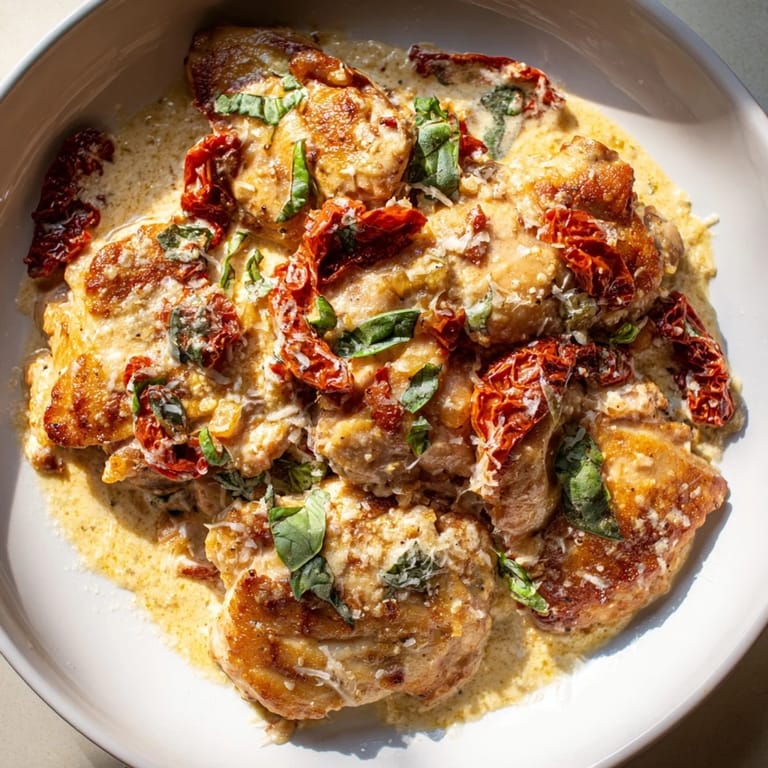 A close-up of flavorful Marry Me Chicken Thigh Express, a comforting, gluten-free skillet meal.