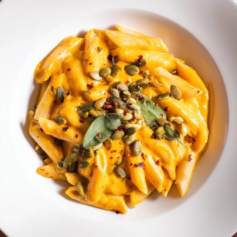 A close-up view of creamy Vegan Creamy Pumpkin Pasta, showcasing the rich pumpkin sauce's texture.