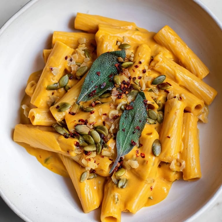 Rustic plate of Vegan Creamy Pumpkin Pasta, ready to eat, perfect for a cozy autumn meal.