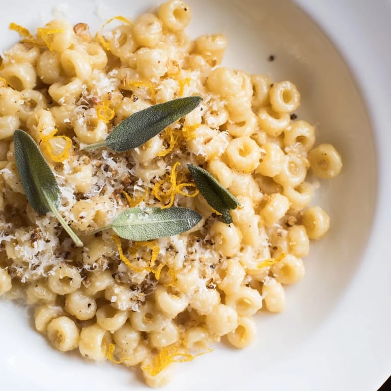 Flavorful brown butter coats the ditalini, garnished with crispy sage, a perfect Italian pasta recipe.
