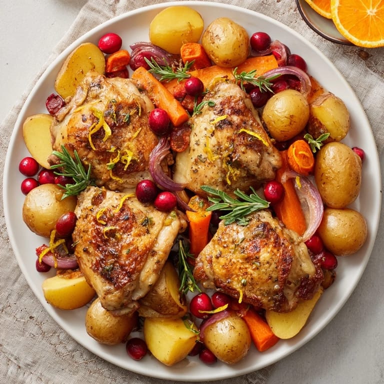 Juicy One-Pan Olive Oil Roast Chicken, presented with vibrant cranberries, herbs and perfectly roasted vegetables.