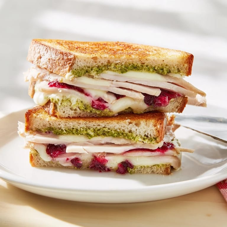Savory Pesto Cranberry Turkey Grilled Cheese Melt with bubbling cheese, ready to be sliced and enjoyed.