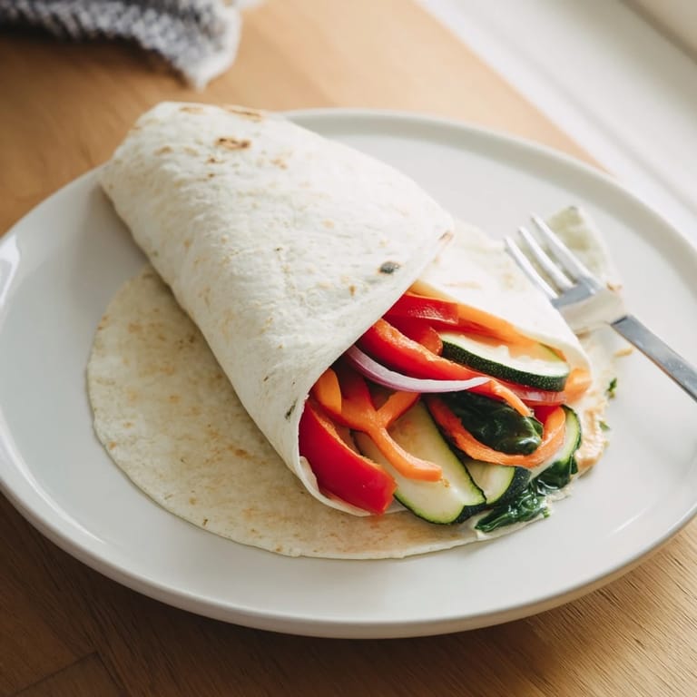 Imagine this Snowflake Hummus & Roasted Veggie Wrap, a delicious vegan meal with a perfect, layered presentation.